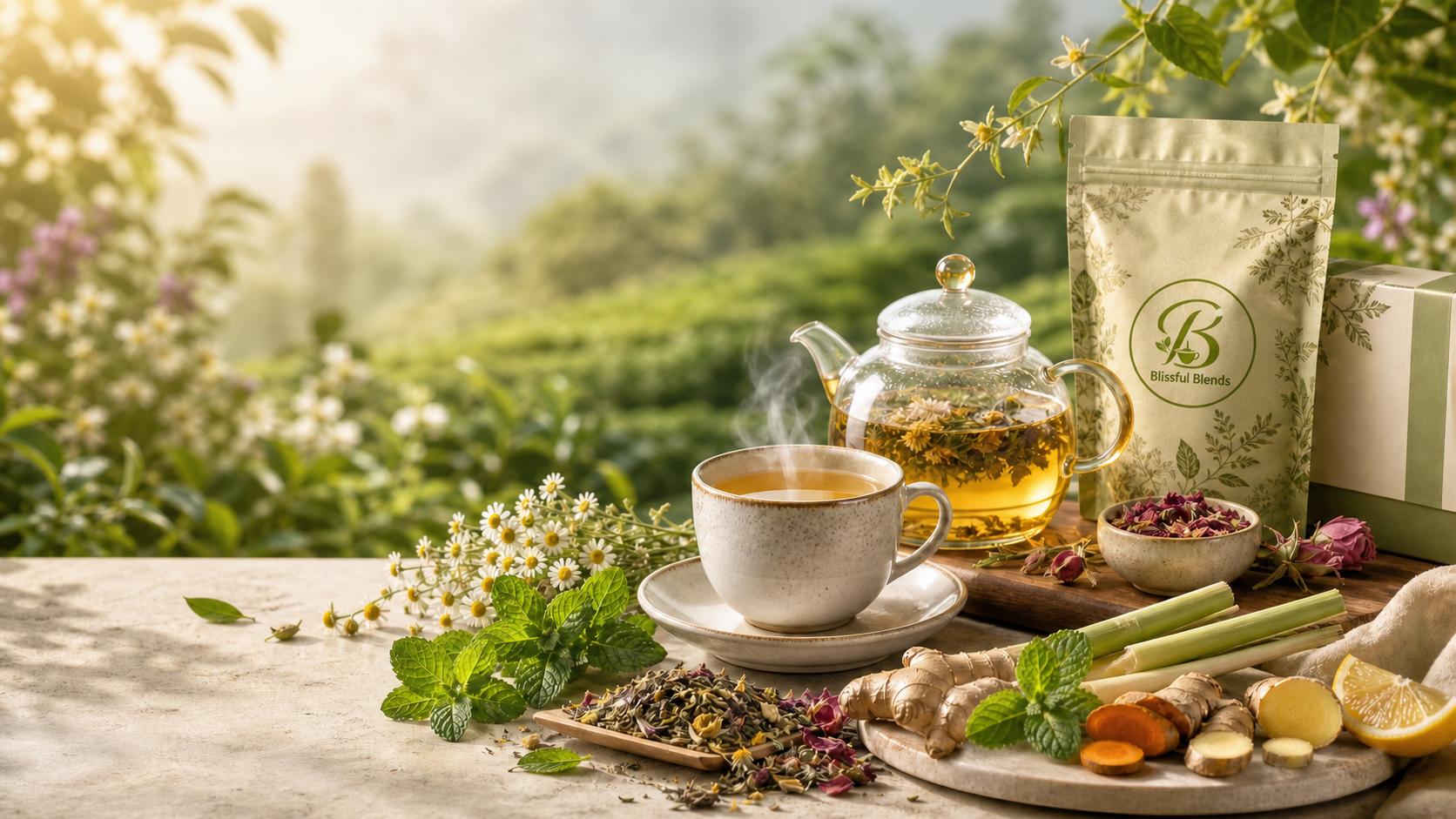 Blissful Blends premium herbal wellness tea with fresh herbs and branded packaging